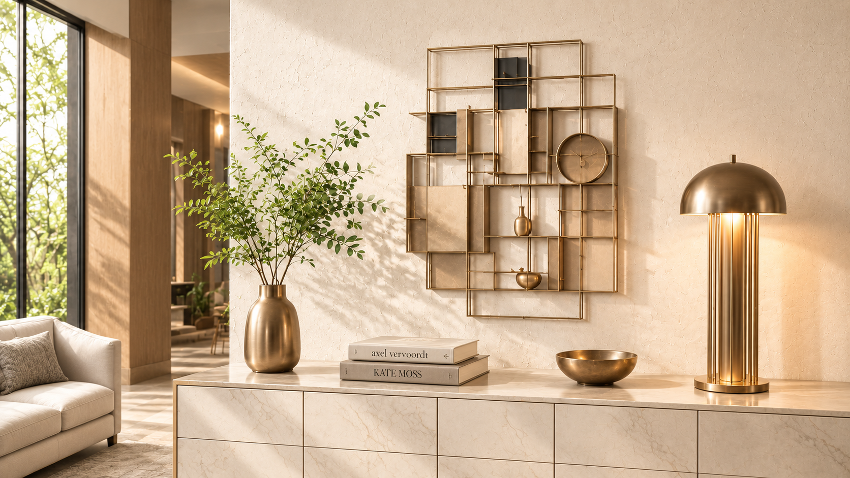 Luxury handcrafted metal wall installation in a modern living room